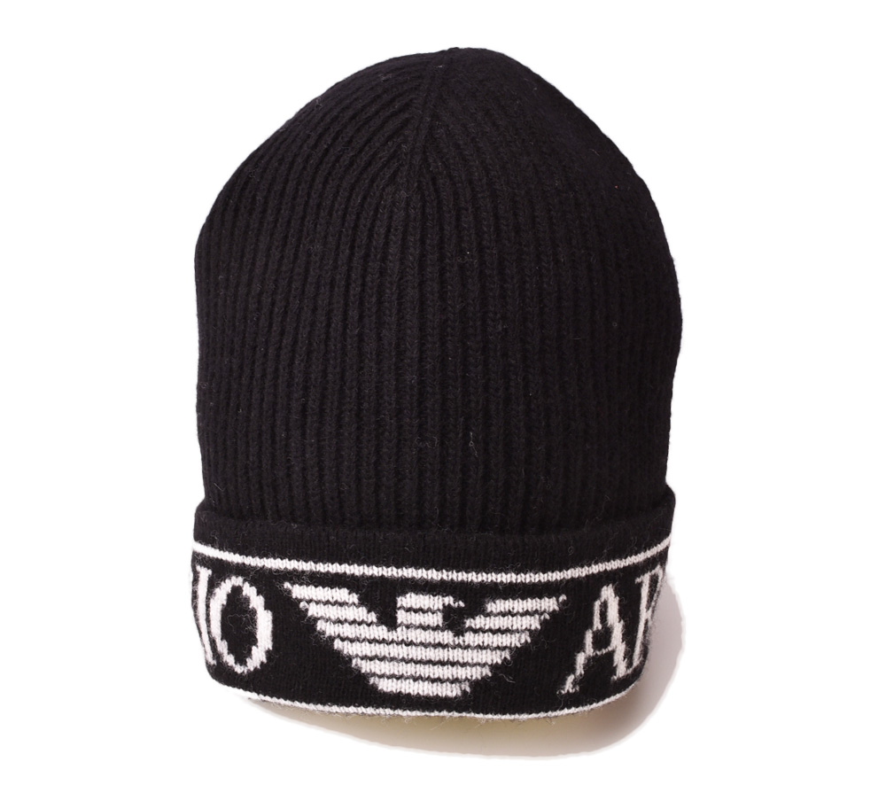 エンポリオアルマーニ　ニットキャップ/帽子 EMPORIO ARMANI　メンズ ビーニー/ニット帽 ロゴ ブラック/ホワイト 6Z2412  2M6BZ 0999